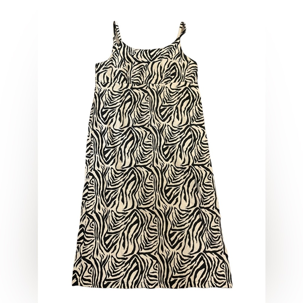 90s Match Leopard Print Linen Spaghetti Strap Shift Maxi Dress - Size :14